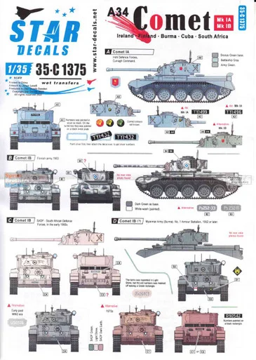 SRD35C1375 1:35 Star Decals - A34 Comet Post-War Operators (Ireland Finland Burma Cuba South Africa)