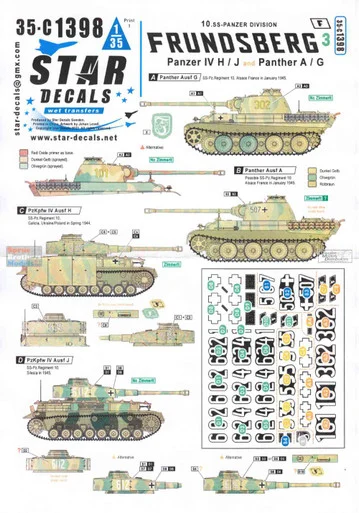 SRD35C1398 1:35 Star Decals - Frundsberg #3: Panzer IV H/J & Panther A/G