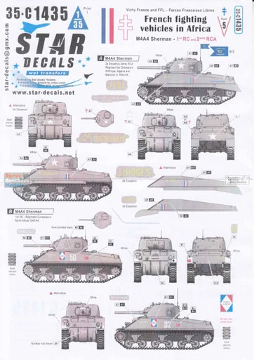 SRD35C1435 1:35 Star Decals French Fighting Vehicles in Africa #5 M4A4 Sherman