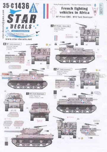 SRD35C1436 1:35 Star Decals French Fighting Vehicles in Africa #6 M7 Priest M10 Tank Destroyer