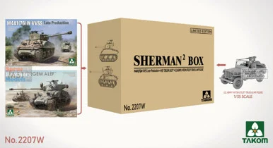 TAK02207W 1:35 Takom Sherman2 Box (M4A1(76)W VVSS Sherman Late + M51 Degem Alef + US Army 1/4-ton Utility Truck with Figure)