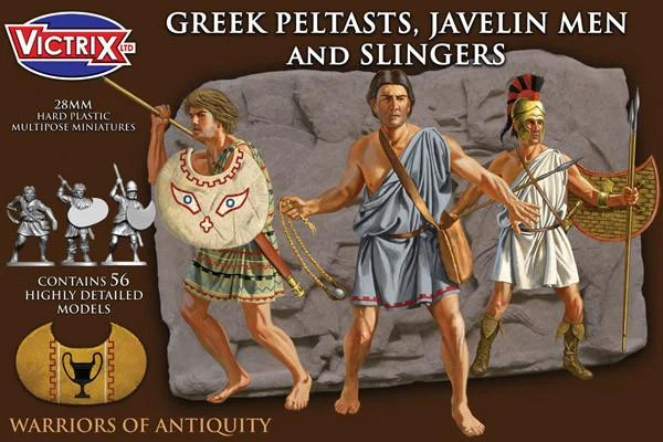 Greek Peltasts & Slingers – 28mm Historical Miniatures (56 Figures) – Unpainted Plastic Kit - Victrix
