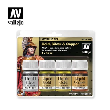 Vallejo Paint 35ml Bottle Liquid Gold, Silver, Copper Metallic Model Color Paint Set (4 Colors)