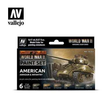 Vallejo Paint 17ml Bottle WWII American Armour & Infantry Wargames Paint Set (6 Colors)