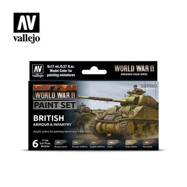 Vallejo Paint 17ml Bottle WWII British Armour & Infantry Wargames Paint Set (6 Colors)