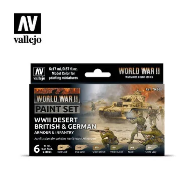 Vallejo Paint 17ml Bottle WWII Desert British & German Armour & Infantry Wargames Paint Set (6 Colors)