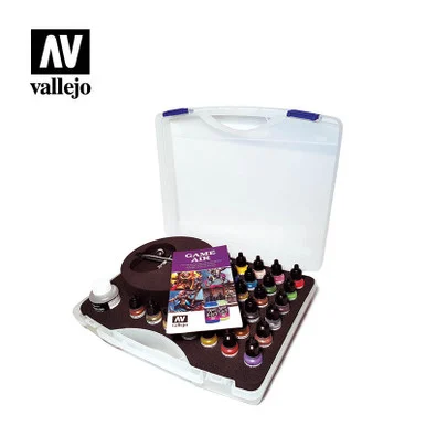 Vallejo Paint Basic Game Air Paint Set in Plastic Storage Case (28 Colors, Thinner, Cleaner & Airbrush w/Hose)