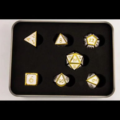 Critical Hit Collectibles White Shadow Set of 7 Metal Polyhedral Dice w/ Gold Numbers for D20 Based RPG's - Critical Hits