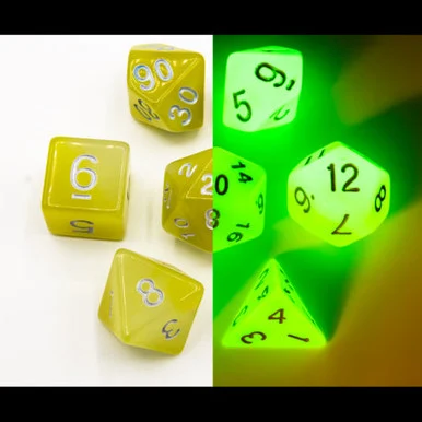 Critical Hit Collectibles White/Yellow Set of 7 Fusion Glow in Dark Polyhedral Dice w/ Gold Numbers for D20 Based RPG's - Critical Hits
